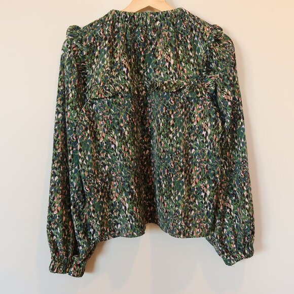 THE SHIRT ROCHELLE BEHRENS button down blouse green multi ruffle M cottagecore - Picture 2 of 10